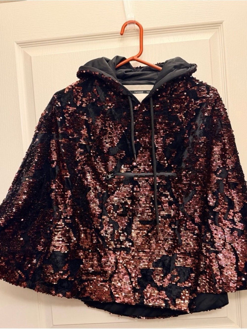 Topshop Black Velvet & Red Sequin Hooded Cape